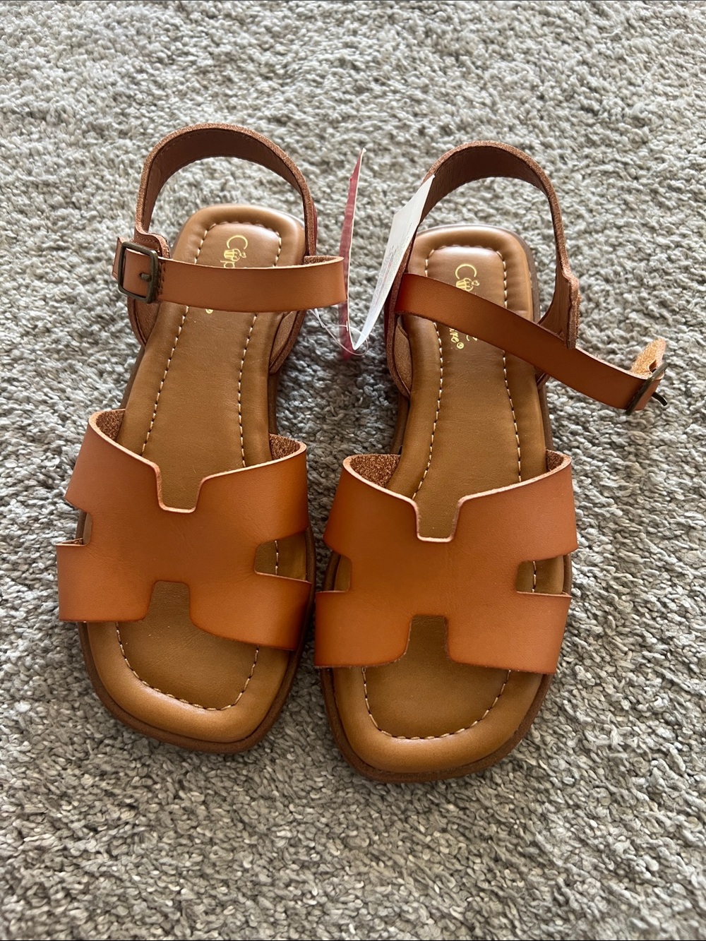 Kids Tan Leather-Style Adjustable Sandals